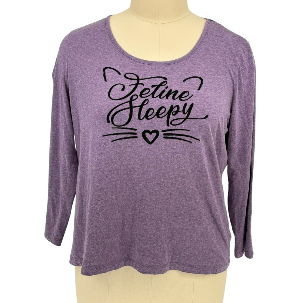 Soft Sensations Pajama Top Purple Feline Sleepy Cat Graphic Tee 2X